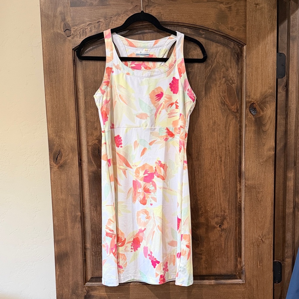 Columbia Floral Tank Midi Dress in White with Pink and Peach Accents